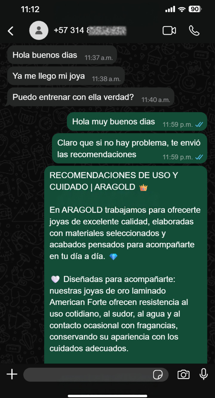 Conversación de WhatsApp con un cliente de ARAGOLD