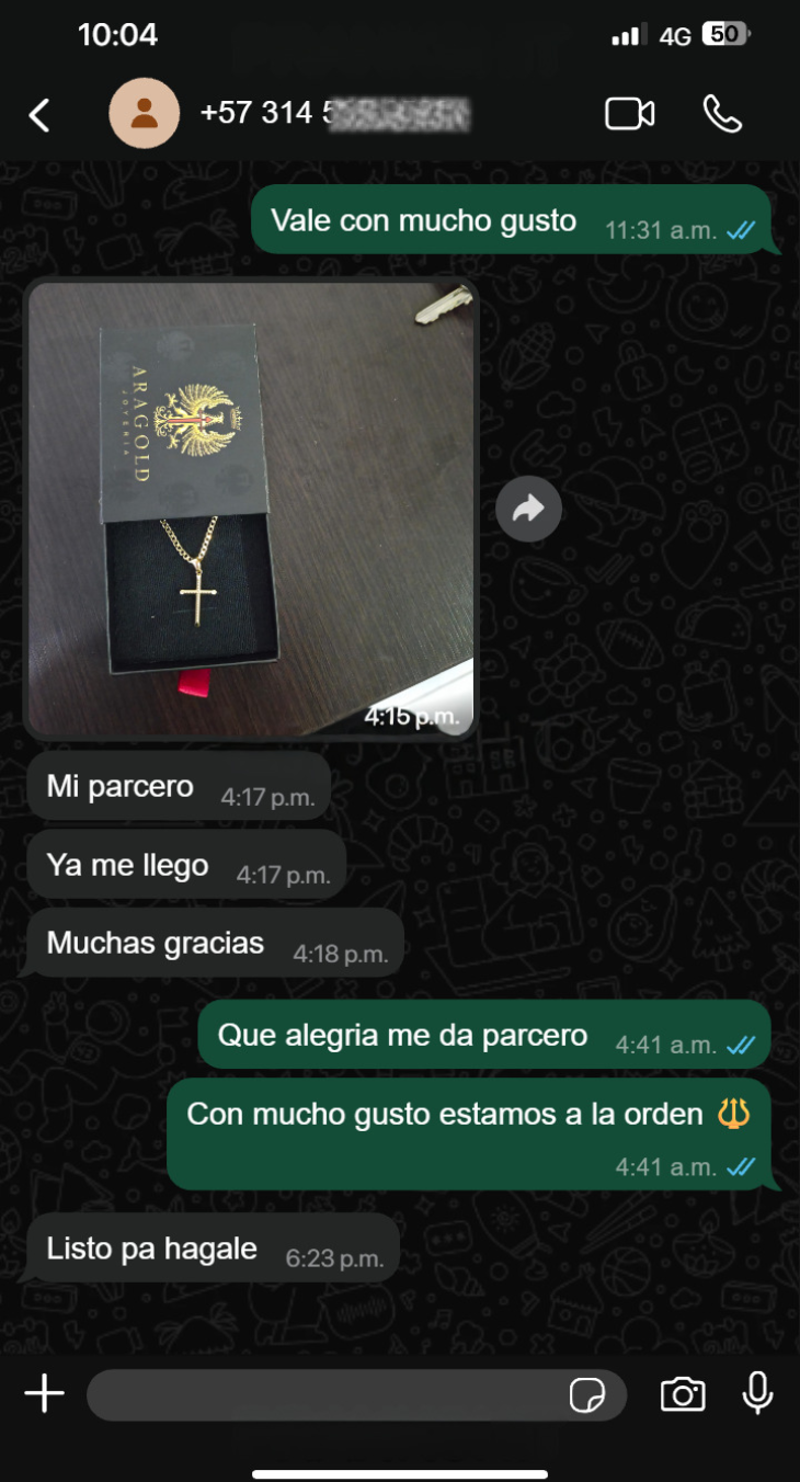 Conversación de WhatsApp con un cliente de ARAGOLD